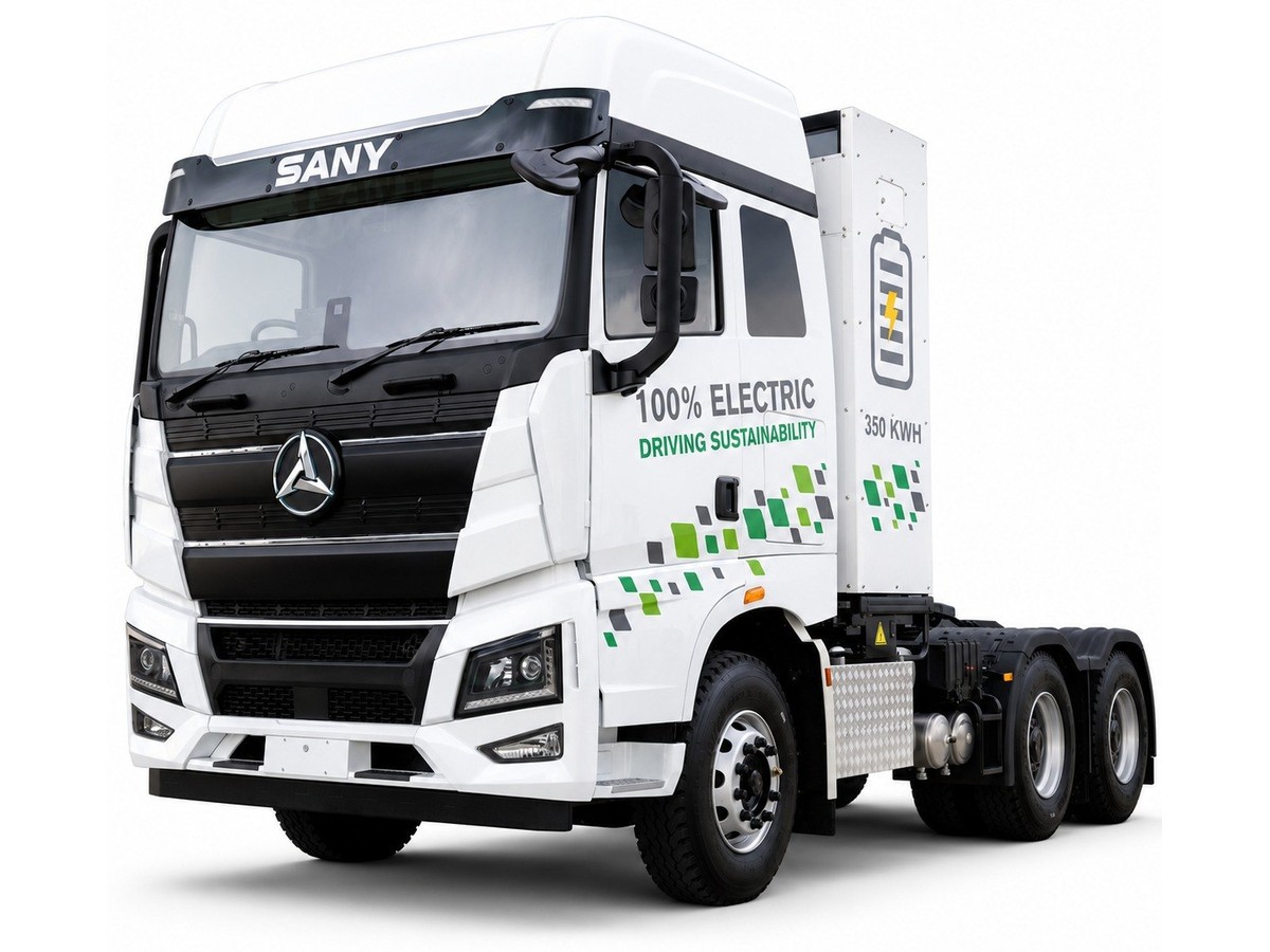 Sany EV490-20 Prime Mover — Sany electric heavy truck, 4x2 electric prime mover — 350 kWh battery, 360 kW peak motor and 2,800 Nm peak torque, ra